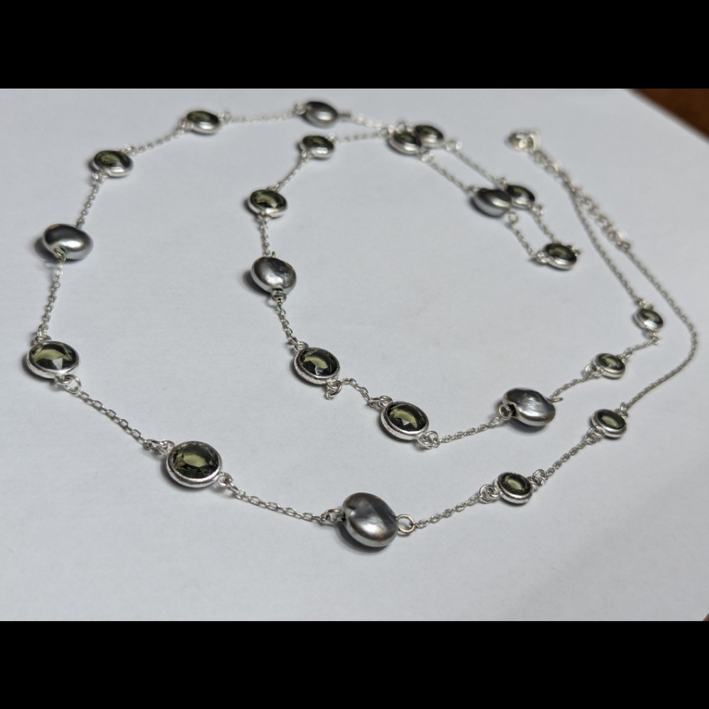 Sage Green Crystal Necklace Silver Charms Long Necklace